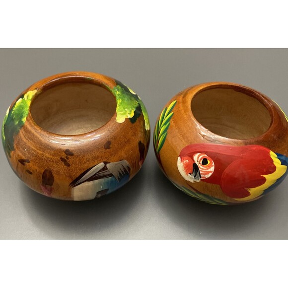 2 Hand Painted Small Wooden Bowls Round Trinket Dishes 3.5"×2.5" Ethnic Tropical - Picture 1 of 11